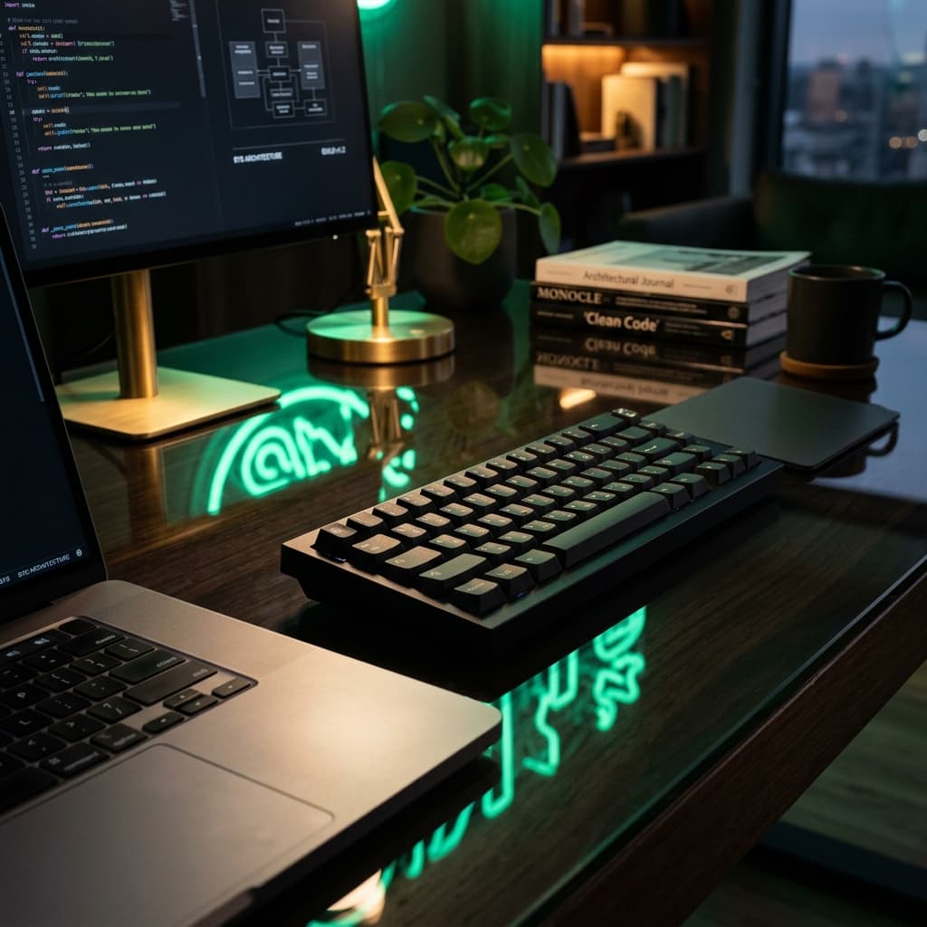 Architectural software workspace with brass desk lamp and code editor