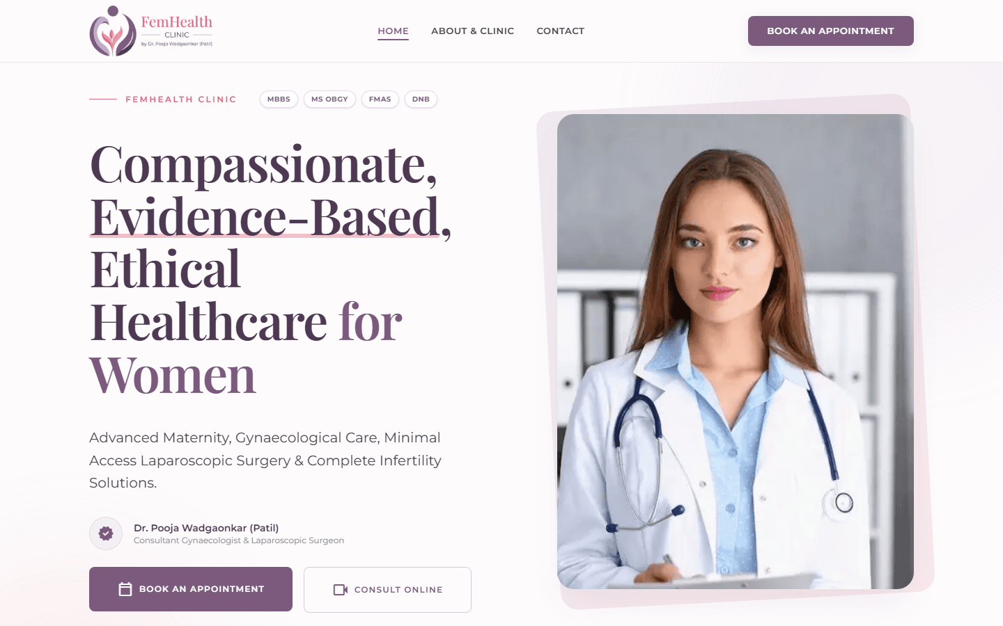 FemHealth Clinic homepage with appointment booking